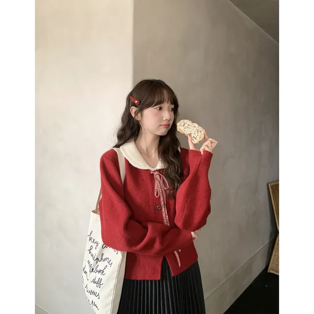 娃娃领毛衣开衫女冬季新款复古百搭甜美慵懒圣诞上衣新年百搭可爱