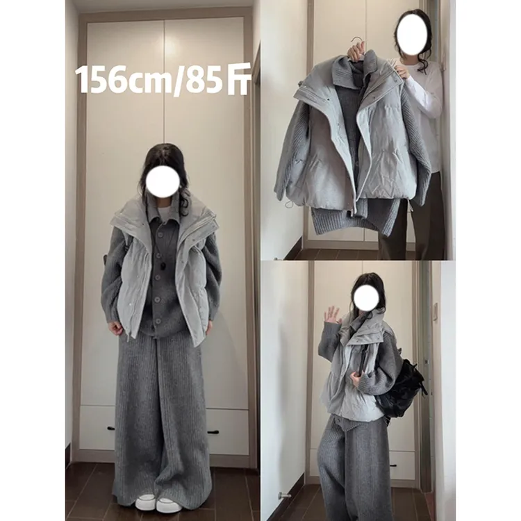韩系高级感穿搭一整套坑条针织毛衣女秋季新款外搭棉服马甲休闲裤