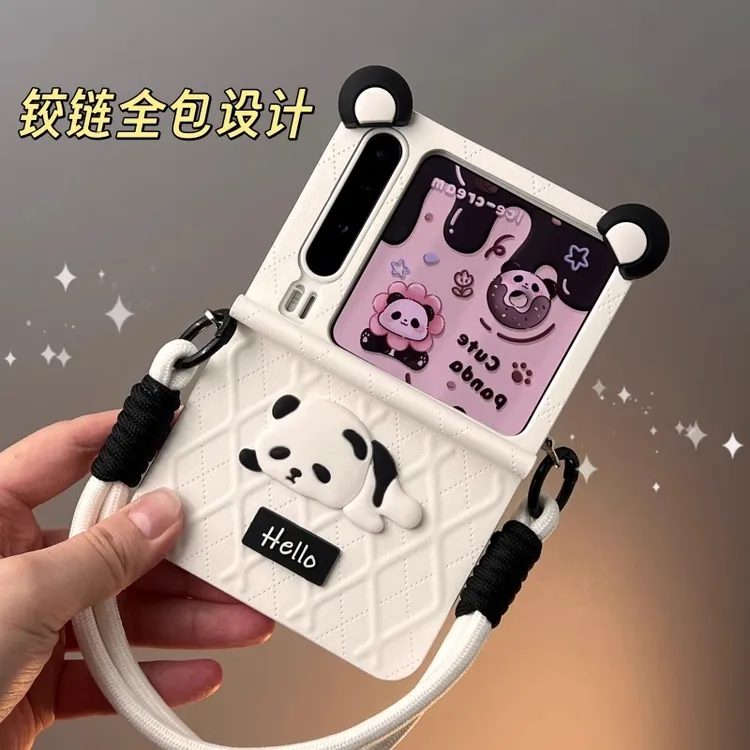 适用华为PuraX典藏版阔折叠手机壳一体全包菱格纹熊猫耳朵保护套
