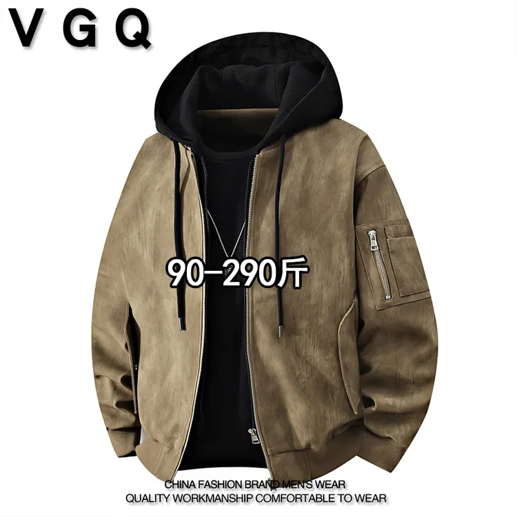 VGQ男士水洗PU皮夹克秋季加肥加大码美式休闲复古假两件外套上衣