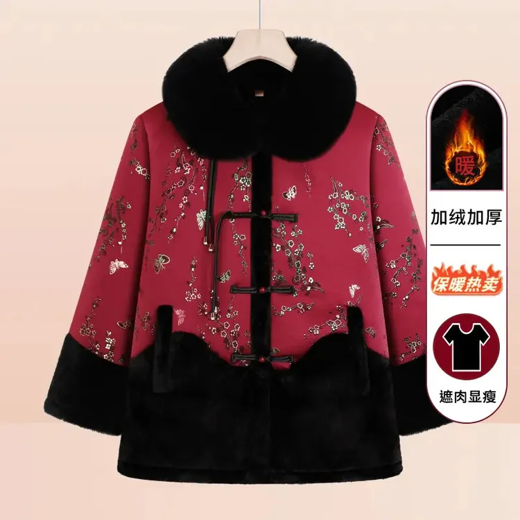 老太太冬季加厚毛领棉袄外套妈妈60中老年人女奶奶保暖棉服上衣