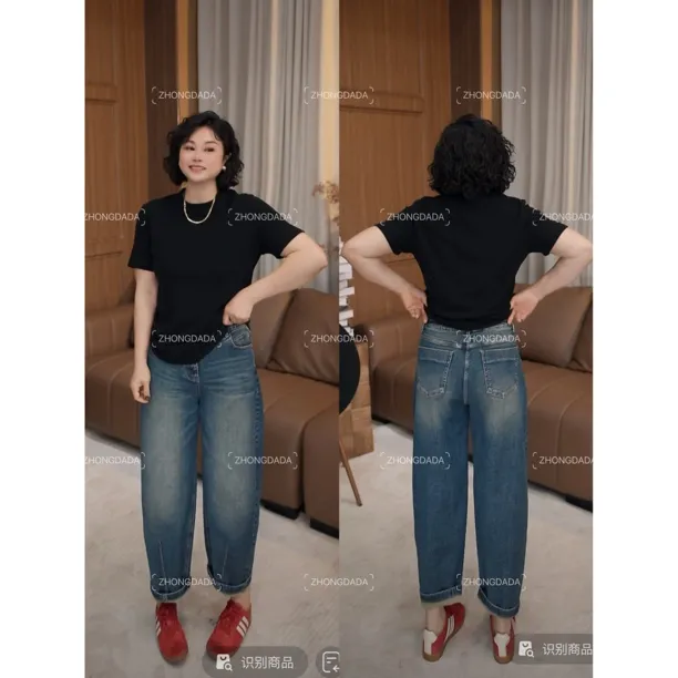ZHONG大大【】春季新款复古宽松阔腿弯刀牛仔裤女50773
