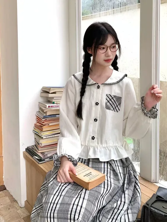 甜美学院风刺绣海军领衬衫上衣格纹半身裙套装裙女秋