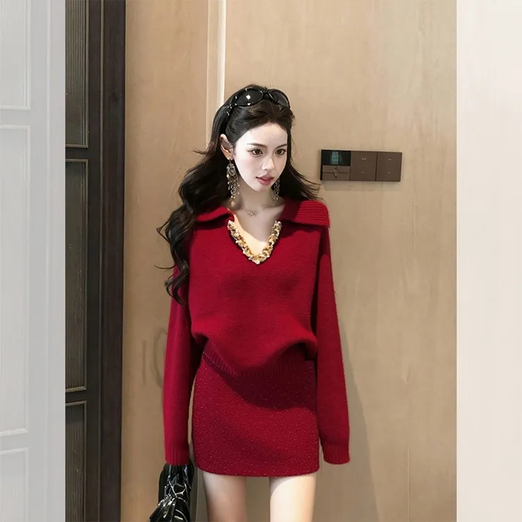 洋气衣服女装秋冬季炸街一整套红色穿搭v领针织毛衣半身裙两件套