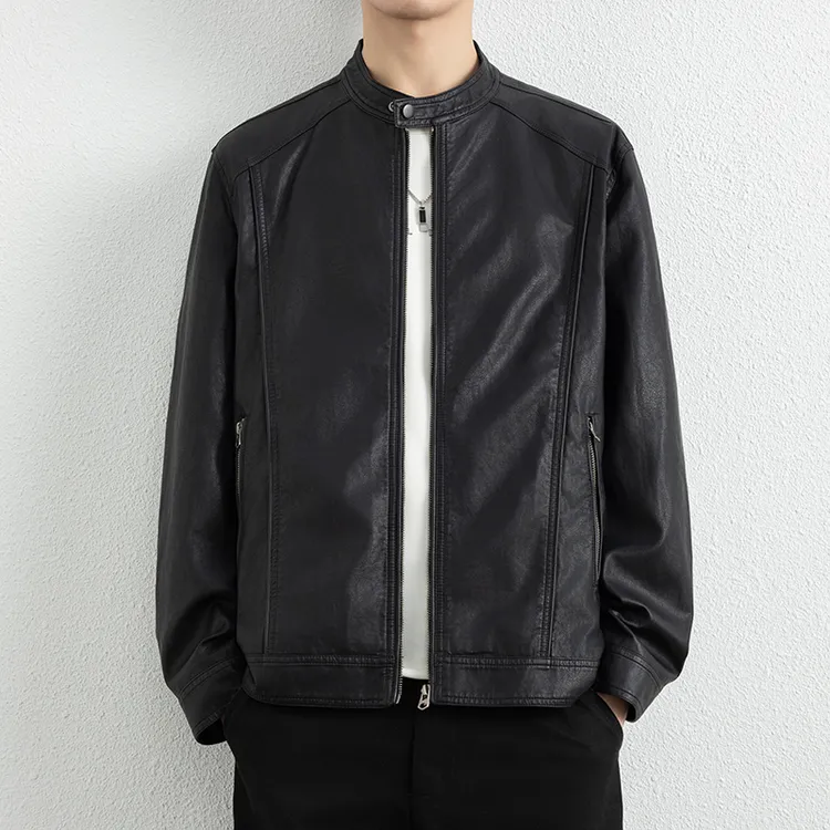 春秋季新款休闲立领皮夹克男士简约PU机车皮衣潮流百搭上衣外套