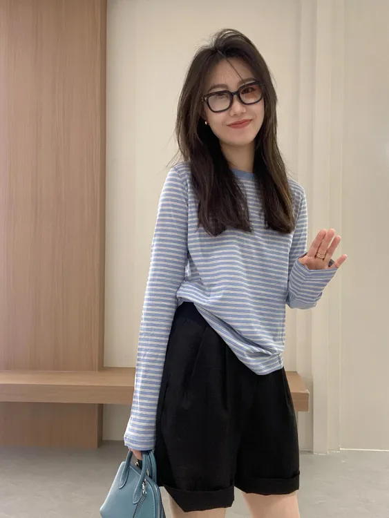 韩版气质蓝色条纹薄款防晒衫长袖t恤女宽松慵懒上衣百搭休闲短裤
