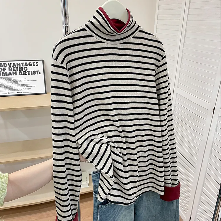 加厚磨毛保暖高领条纹长袖t恤韩版新款时尚休闲内搭上衣气质女装