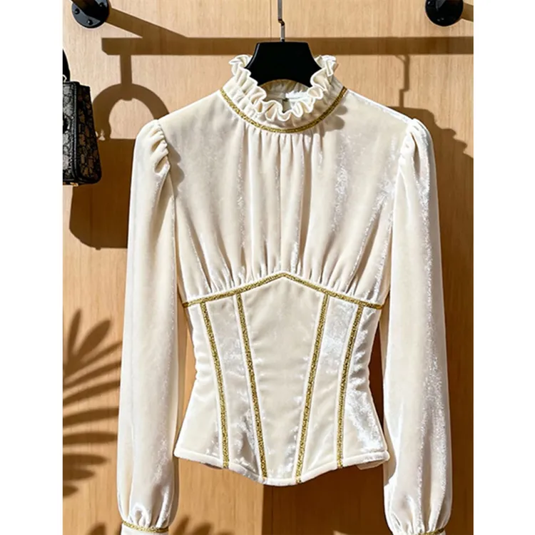 韩系米白色丝绒长袖衬衫女秋冬2025新款设计感洋气修身显瘦打底衫