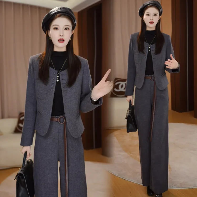 拉夏贝尔小香风套装女2025秋季新款减龄显瘦圆领气质阔腿裤两件套