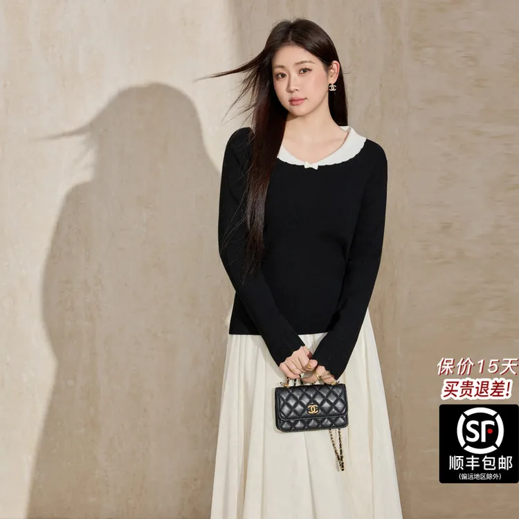 蓝语大码女装黑色减龄打底毛衣2025秋冬新款撞色蝴蝶结内搭针织衫