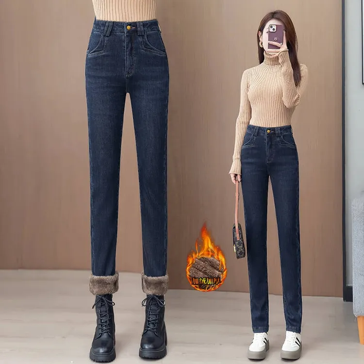 2024冬季新款加绒保暖小脚裤高腰显瘦厚款弹力修身百搭牛仔长裤女