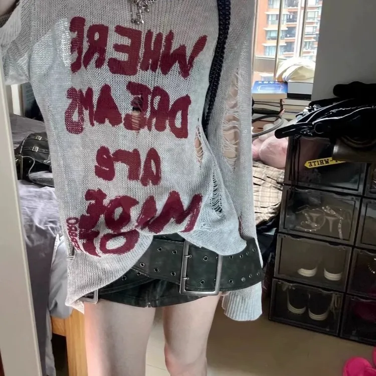 慵懒风针织衫女春秋薄款设计感街头美式镂空罩衫宽松复古辣妹上衣