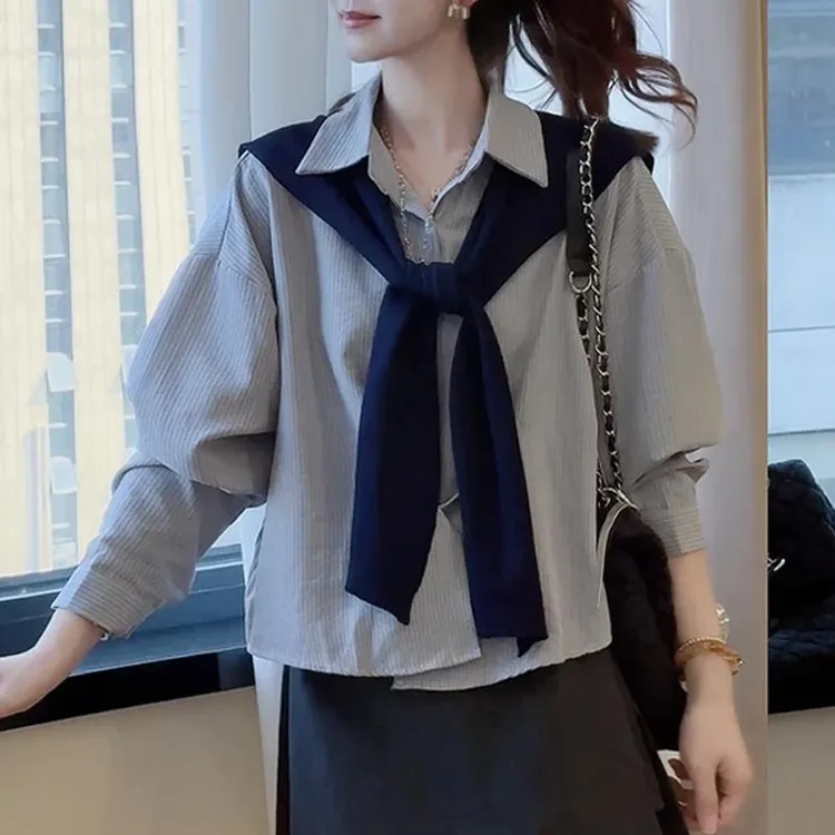 2025春秋季新款女士韩系条纹披肩长袖衬衫两件套宽松显瘦减龄上衣