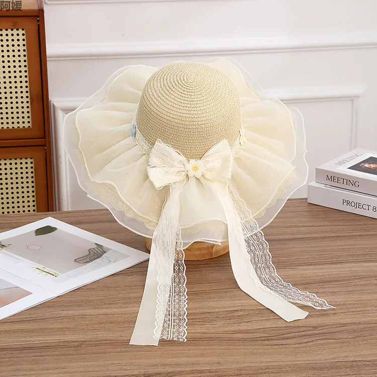 韩版新款蝴蝶结飘带遮阳帽户外出游大帽檐帽子仙女蕾丝小花草帽