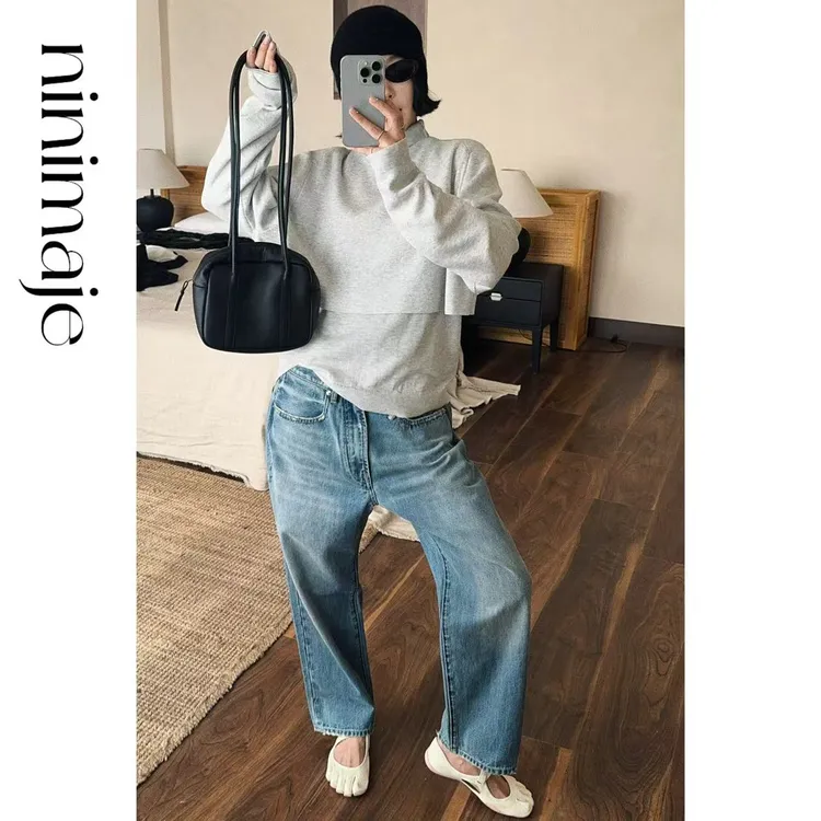 NanBeiBei 极简设计款立裁挺括复古水洗中腰牛仔裤 6738