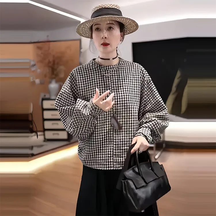 法式气质格子衬衫女早秋2025新款复古洋气减龄百搭娃娃衫圆领上衣