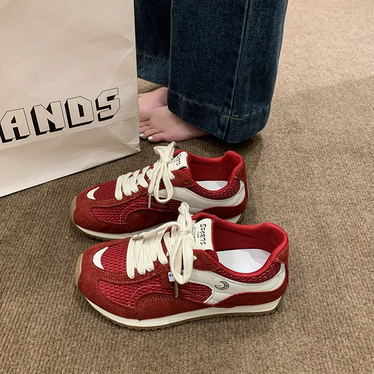 真皮网面德训鞋女2025新款夏季百搭透气平底阿甘鞋轻便休闲运动鞋