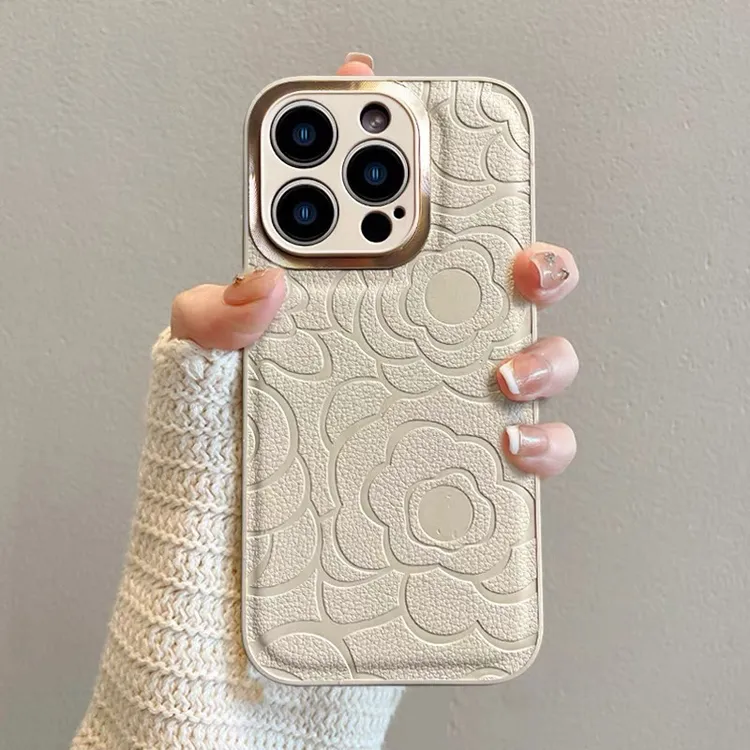 高端皮质山茶花适用苹果16promax奢华简约手机壳iPhone17Pro15pro