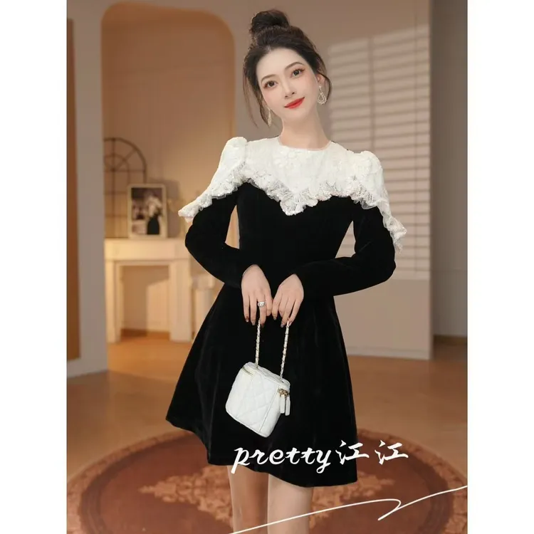 Pretty小众设计师品牌江江定制 优雅时尚拼接气质名媛连衣裙21975