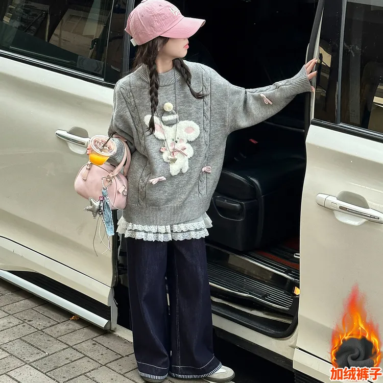 女童套装2025新款中大童秋冬款洋气时髦加厚针织套头毛衣打底衫潮