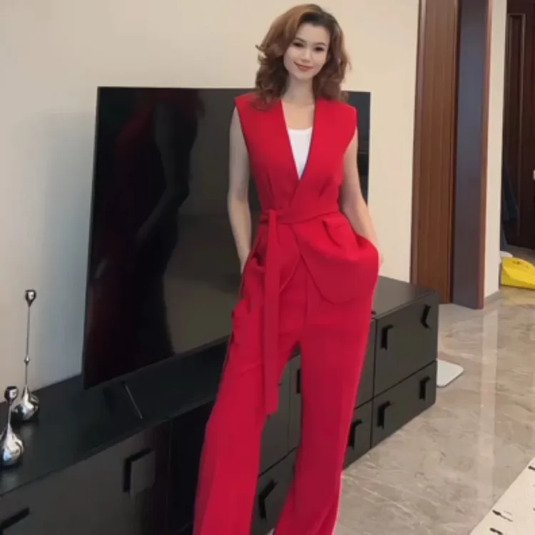 （达）夏季款红色马甲+阔腿裤套装