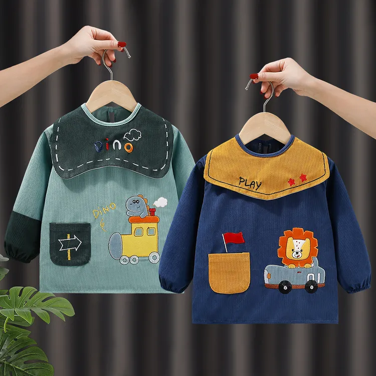 灯芯绒儿童罩衣宝宝吃饭围兜防水防脏秋冬婴儿反穿衣男童护衣围裙