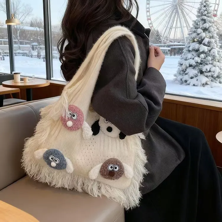 韩系可爱毛绒手工针织包女大容量2025秋冬新款流苏托特单肩托特包