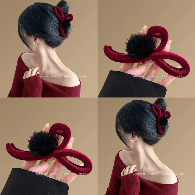醋栗酒红~秋冬毛球抓夹女2025秋冬新款鲨鱼夹高级感发夹子盘发器