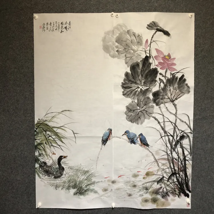 水墨写意荷花翠鸟水鸭