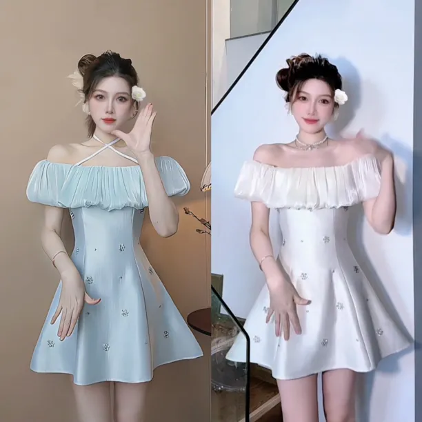 荷叶边一字肩飞飞袖两穿钉钻收腰修身显瘦生日礼服伞裙连衣裙