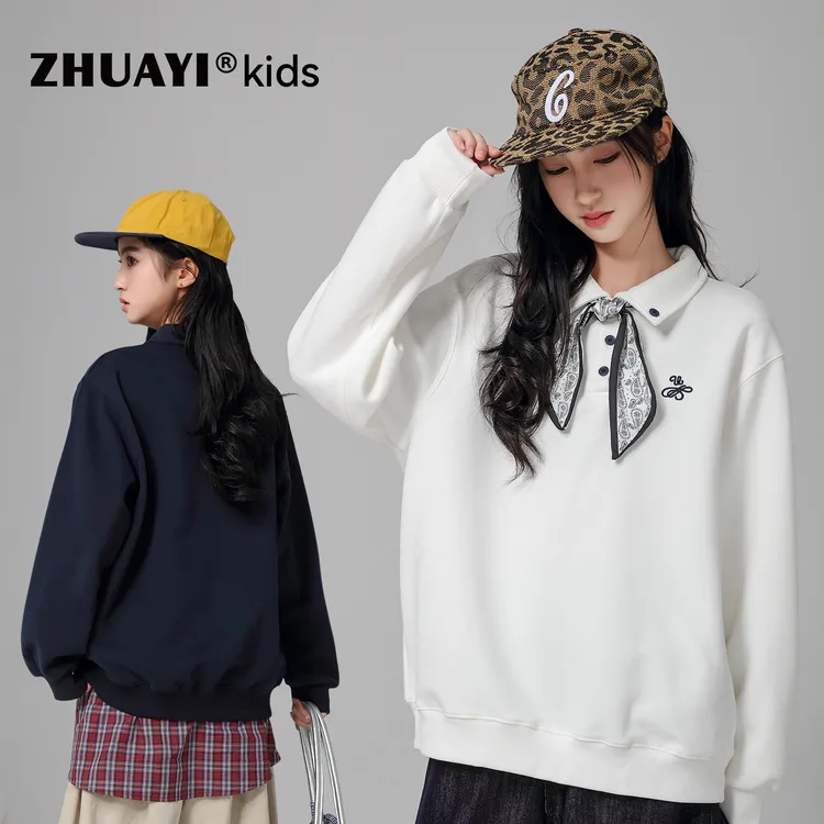 朱阿姨女童POLO衫卫衣2025秋装新款儿童上衣丝巾翻领（25303322）1