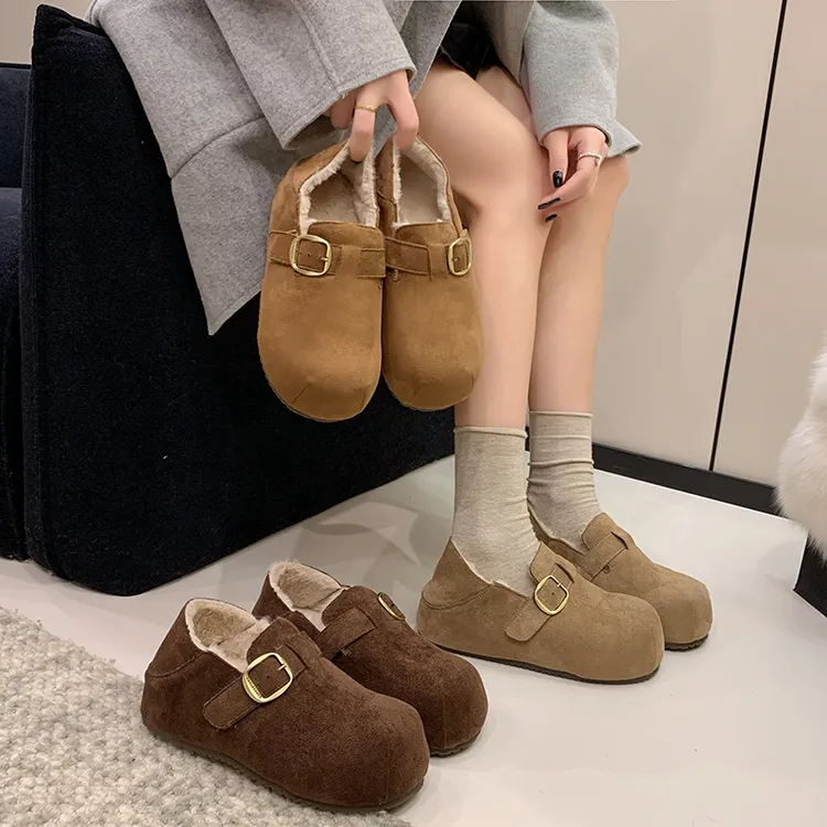 厚底勃肯鞋女新款秋冬加绒保暖棉鞋英伦风小个子增高博肯鞋一脚蹬