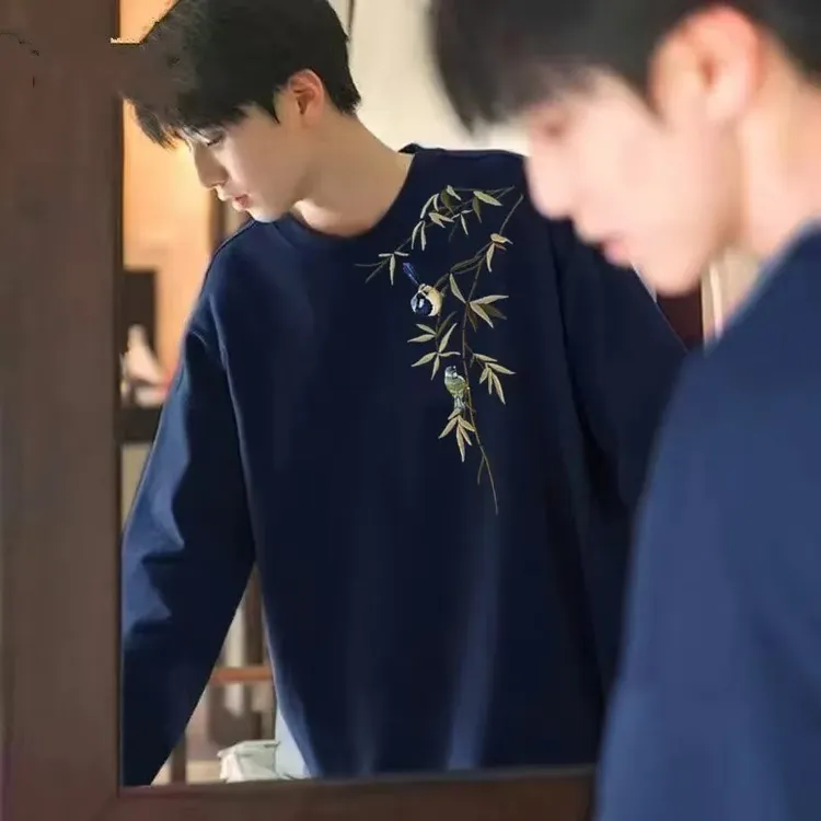 夏季青少年T恤高中生夏季长袖国风圆领新中式宽松男 运动休闲印花