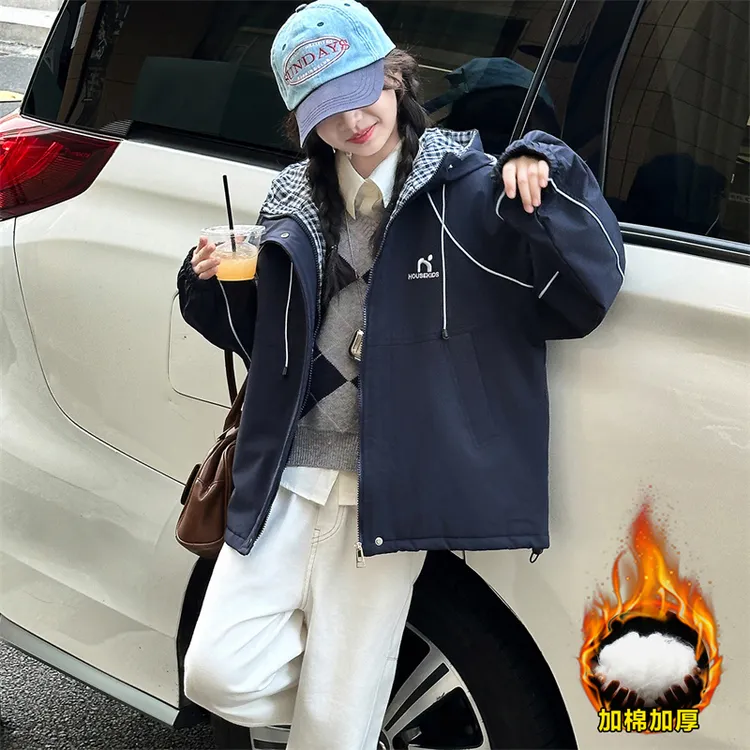 女童外套格子连帽秋冬款夹棉加厚防风保暖加绒洋气休闲儿童中大童