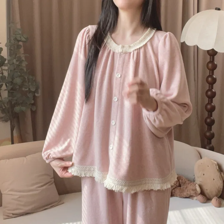 韩系甜美粉色流苏拼接德绒睡衣女秋冬新款加绒加厚保暖家居服套装
