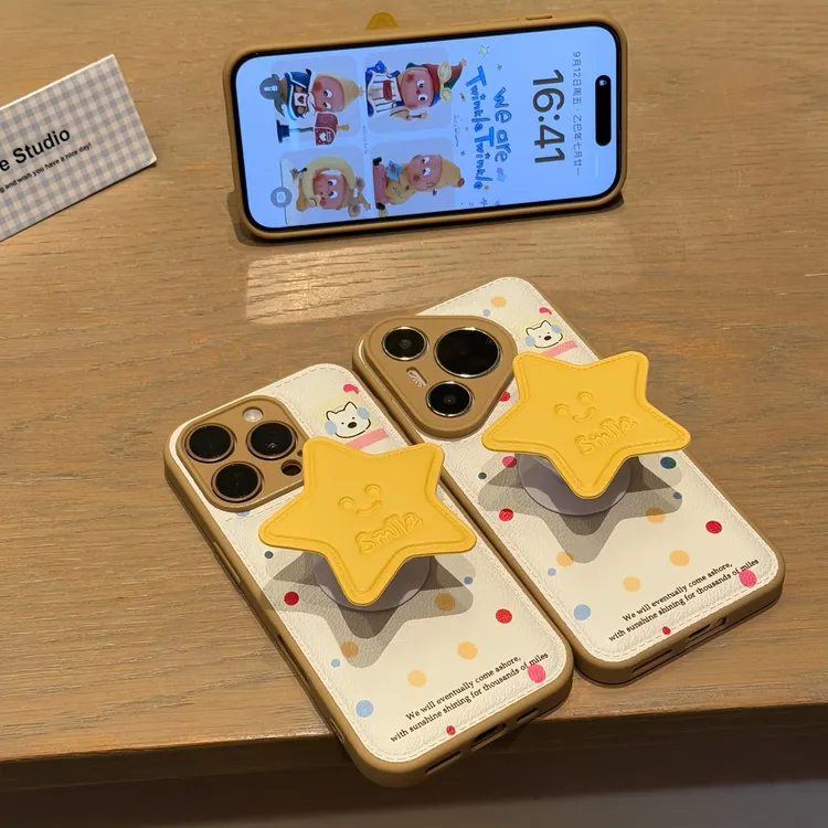 波点小狗立体五角星支架适用苹果16promax手机壳华为vivo小米oppo