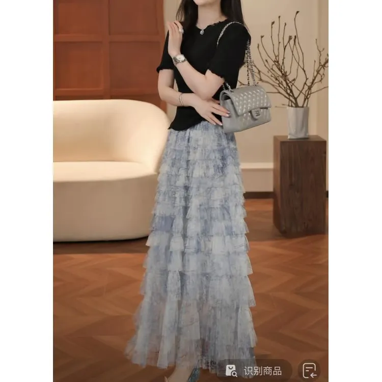 2025早春新款韩版时尚百搭高腰显瘦网纱半身裙女中长款A字裙