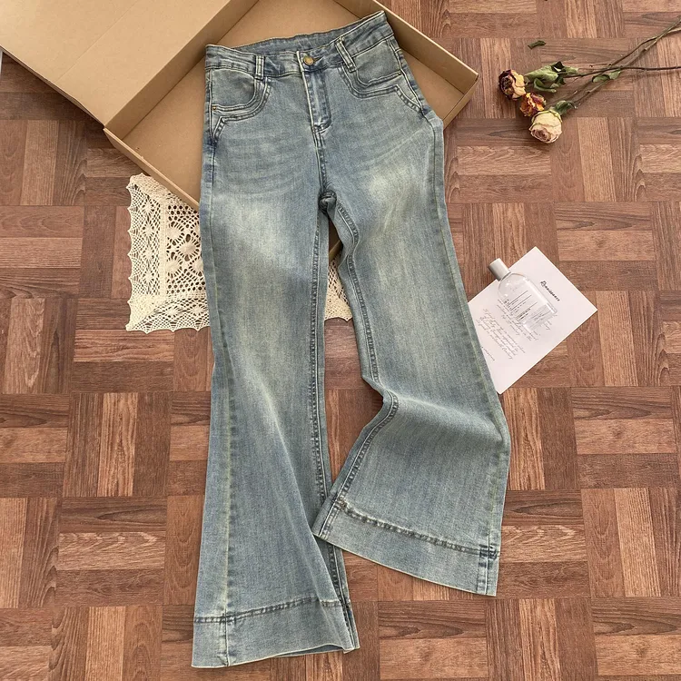 vibe高腰洋气微喇叭牛仔裤女2025秋季薄款新款浅色显瘦弹力拖地裤