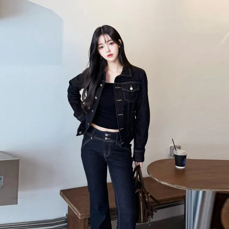 法式深蓝色牛仔外套女春秋季翻领单排扣复古显瘦高级百搭减龄上衣
