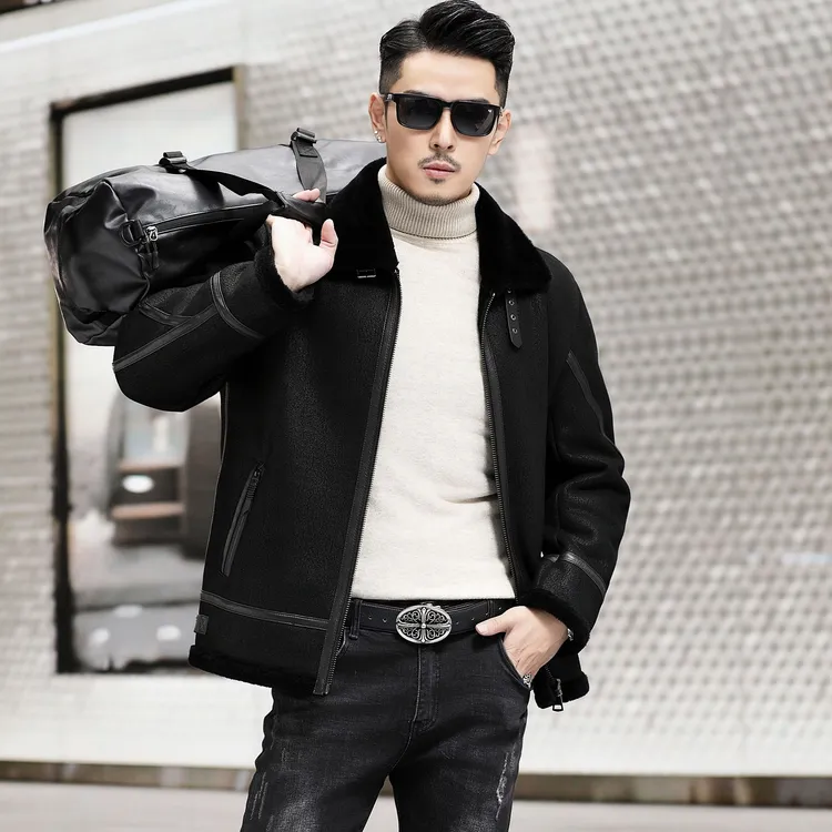 皮毛一体海宁男士外套秋冬加厚真皮真毛皮夹克休闲立翻领短款拉链