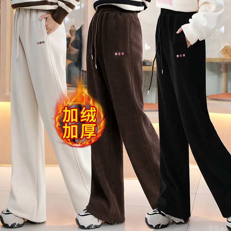 女童加绒加厚条绒裤秋冬装女孩大童初高中学生一体绒直筒休闲裤子