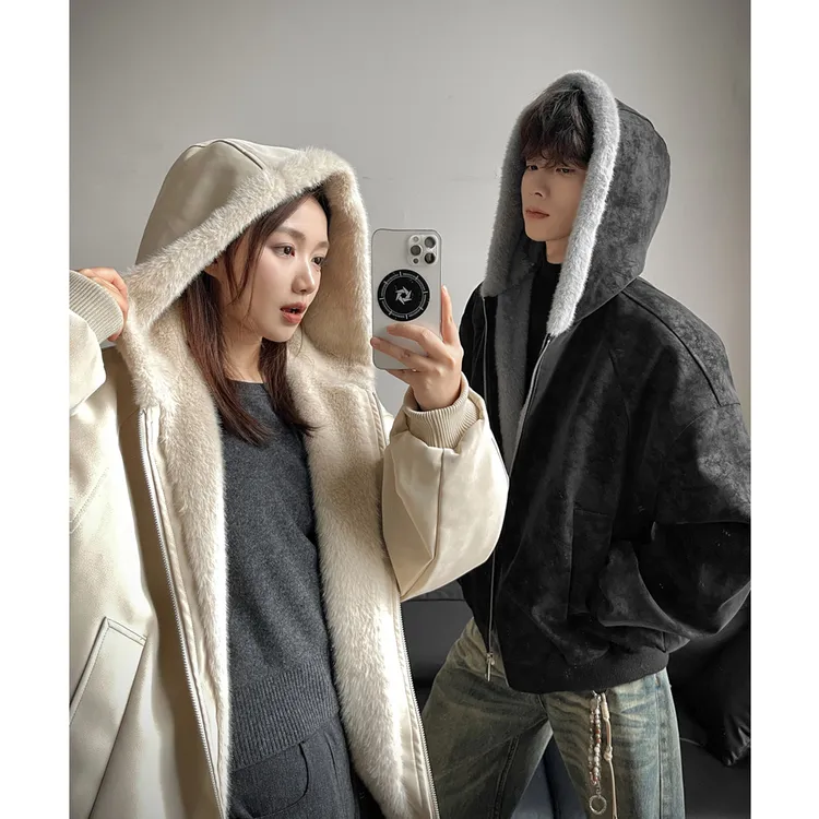 荔枝纹皮连帽座山雕PU皮外套男女秋冬季美式重磅加绒加厚毛领棉衣