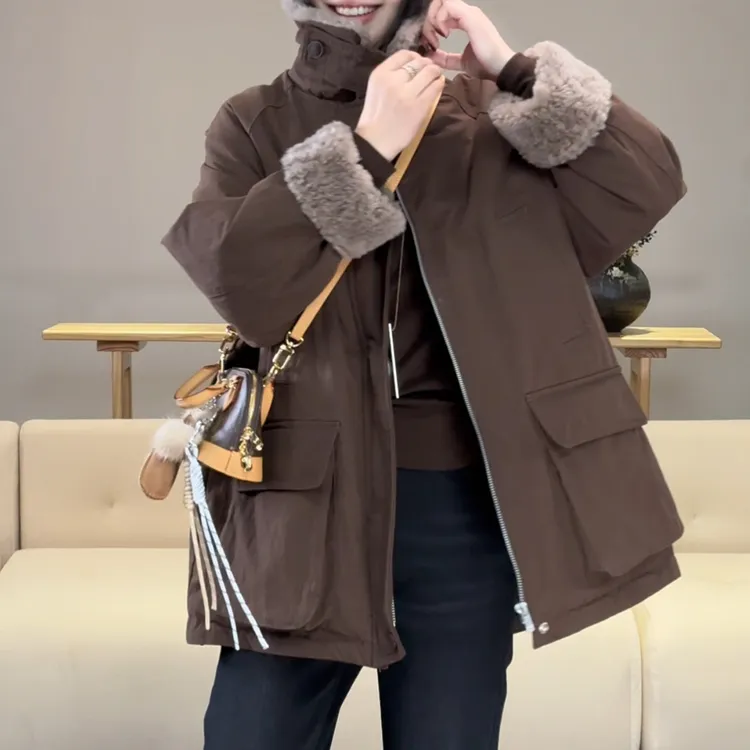 2025秋冬新款韩系时尚毛毛拼接翻领外套洋气宽松显瘦加棉保暖棉衣