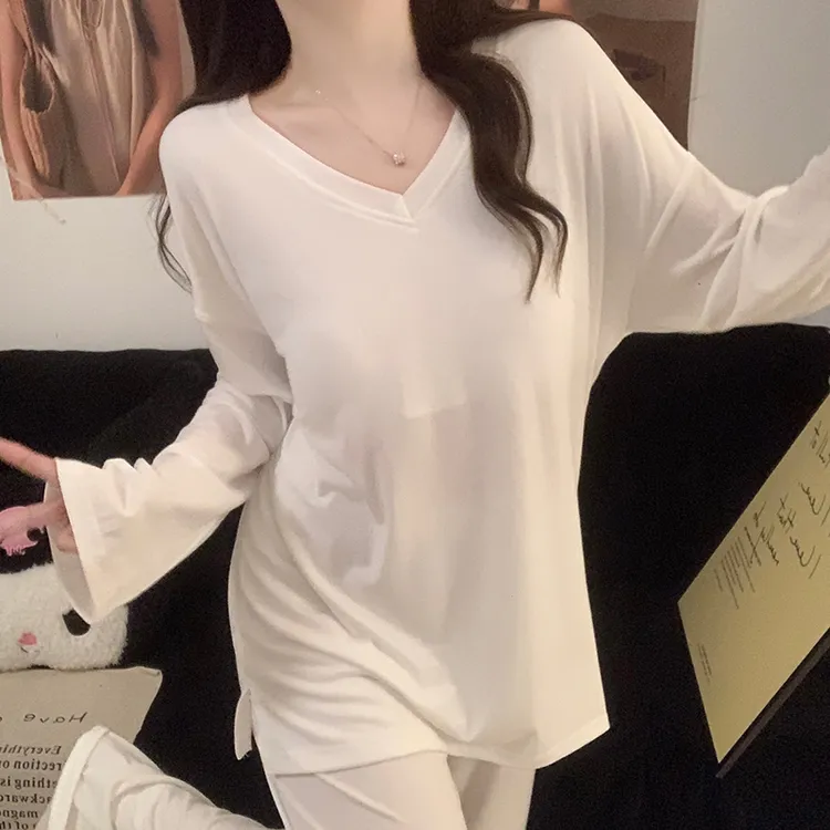 带胸垫睡衣女款春秋季彩棉长袖纯欲白色韩版打底慵懒风v领两件套
