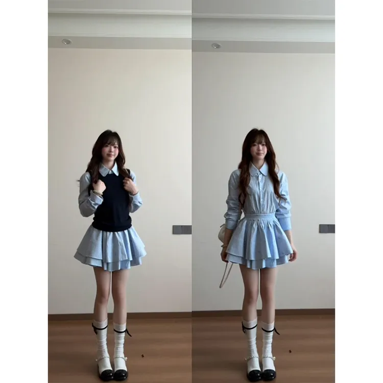 MARIE.COCO韩系学院风蓝色翻领衬衫蛋糕连衣裙叠穿马甲秋季两件套