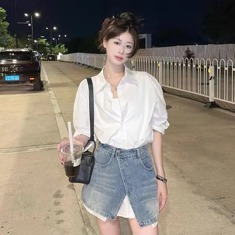 轻奢纯欲套装女春秋设计感阔版衬衫上衣百搭牛仔短裙帘腰封两件套