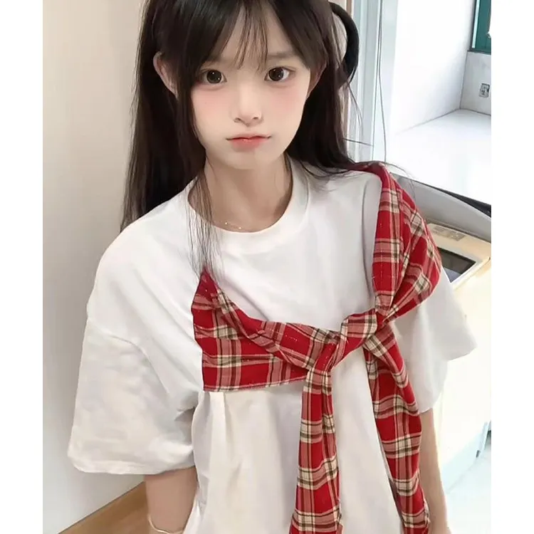 NASA ROAD夏季格子蝴蝶结绑带短袖T恤女复古美式爆款新款情侣上衣