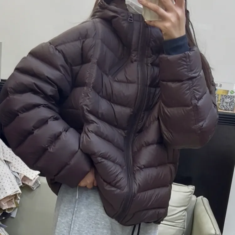 宽松型轻薄款连帽长袖超轻咖色秋冬短款羽绒服
