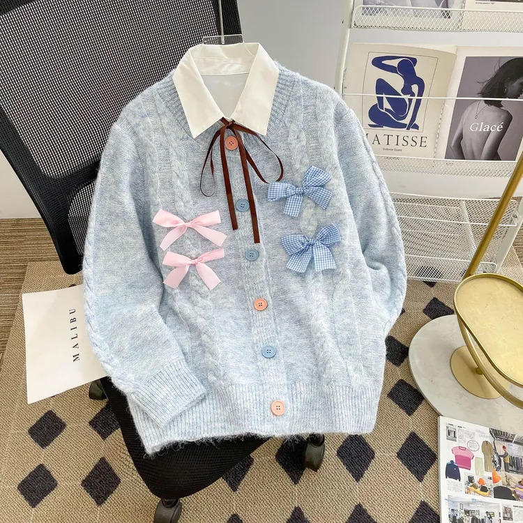 学院风甜美蝴蝶结针织开衫少女秋冬新款设计感初中生高中毛衣外套