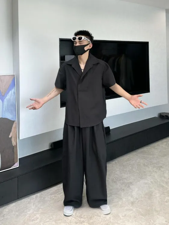 宽松高级感翻领纯色休闲短袖衬衫套装男帅气韩版穿搭阔腿西裤一套
